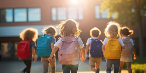 Educational background. Back to school concept with a group of children walking happily on a backpack walking to the school building in the sun
