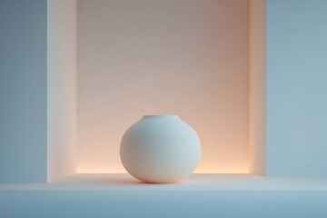 neatly arranged art gallery with minimalistic walls and lone sculpture in center with surrounding white space