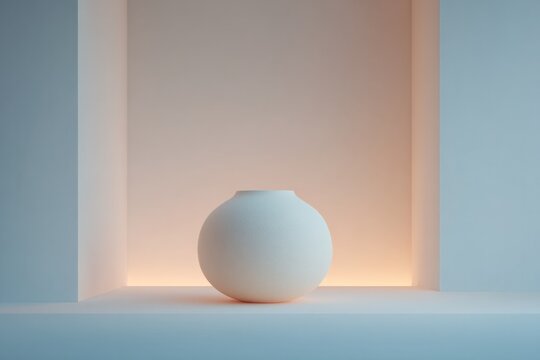 Fototapeta neatly arranged art gallery with minimalistic walls and lone sculpture in center with surrounding white space