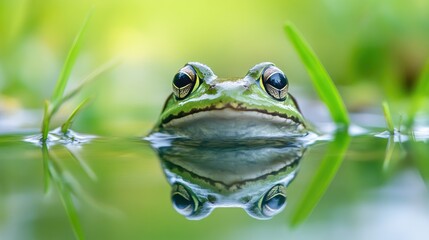 Obraz premium A close-up view of a vibrant green frog resting on the surface of calm water. surrounded by lush greenery. reflecting its image. creating a serene natural scene