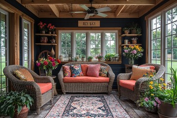 Cozy sunroom with dark blue walls, wooden ceiling, white-trimmed windows, natural light, colorful cushions, and sliding glass door leading to patio.