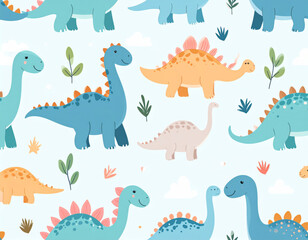 Cute dinosaur pattern featuring various colorful dinosaurs on light blue background, surrounded by small plants and clouds, creating playful and cheerful atmosphere
