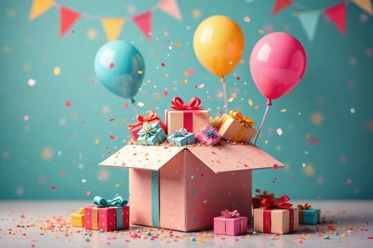 Surprise birthday gift box overflowing with colorful presents, balloons, and confetti , holiday, festive, gift wrapping