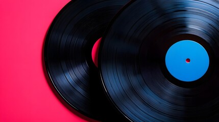 Two vintage vinyl records on a vibrant pink surface.