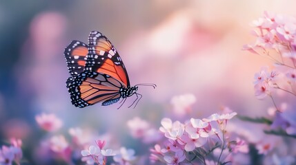 Obraz premium A soft-focus image of a butterfly dancing around blooming flowers.