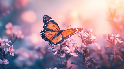 Naklejka premium A soft-focus image of a butterfly dancing around blooming flowers.