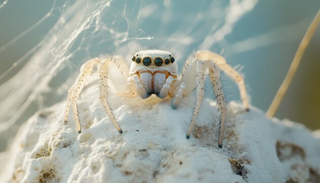Close-up view of a light-colored jumping spider on a textured surface.