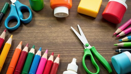 Variety of crafting supplies arranged on wooden table, focus on scissors and glue, office supplies, creating, making