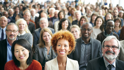 Diverse group of business people attending conference, smiling and engaged. audience includes men and women of various ethnicities and ages, reflecting multicultural environment