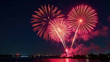 Vibrant flames burst outwards in a dazzling firework display against the night sky , power, illumination, energy