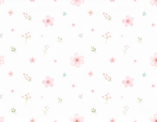 Beautiful floral pattern featuring delicate pink flowers, leaves, and small birds on white background, perfect for children decor or fabric design