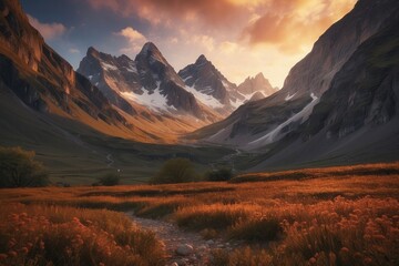 Fototapeta premium mountain landscape during the tranquil moments of sunset