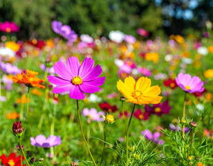 Obraz premium field of wildflowers featuring colorful blooms shades of pink, purple, and yellow, creating cheerful and lively atmosphere. flowers are surrounded by lush green foliage, enhancing beauty