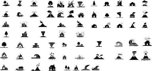 A set of black silhouettes representing Iceland’s natural wonders, including volcanoes, glaciers, geysers, and mountains. 