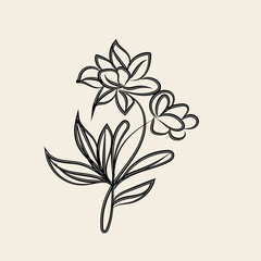 Elegant Black Line Art Floral Design Two Flowers Leaves Minimalist Botanical Illustration