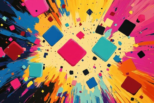 Dynamic explosion of colorful squares in pop art style evokes energy and creativity, squares colors and boomb explosion pop art style