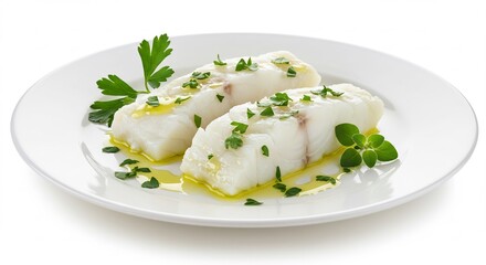 Delicious poached fish fillets gleam invitingly under soft light, herbs garnish.. AI Generated