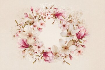 Floral wreath design with pastel blossoms.
