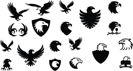 A black silhouette set of eagle-themed icons on a clean white background.