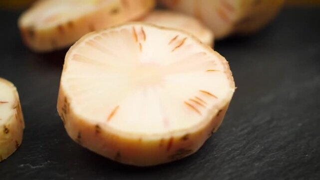 Sliced Arrowroot Vegetable On Dark Slate Surface Close Up