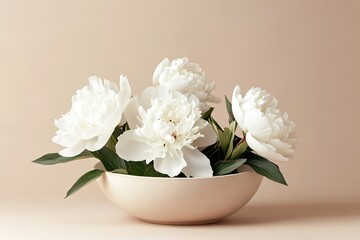 Obraz premium A serene composition of white peonies arranged in a simple beige bowl. set against a soft. neutral background. creating a tranquil atmosphere perfect for home decor