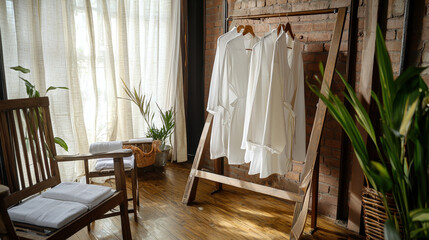 Serene interior featuring white robes hanging on wooden rack, surrounded by plants and natural light, creating calming atmosphere
