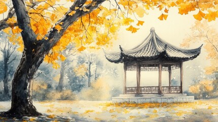Fototapeta premium A serene autumn scene featuring a traditional gazebo surrounded by vibrant yellow ginkgo leaves. with soft sunlight filtering through a misty background. creating a tranquil atmosphere