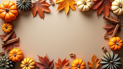 Autumn equinox flat lay colorful leaves mini pumpkins warm earthy seasonal arrangement