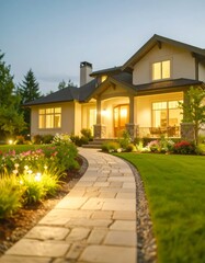 Elegant single family home with stone path and colorful flowers in serene setting, night with illuminated windows