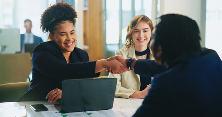 People, meeting or handshake in job interview with candidate, manager or hiring opportunity....