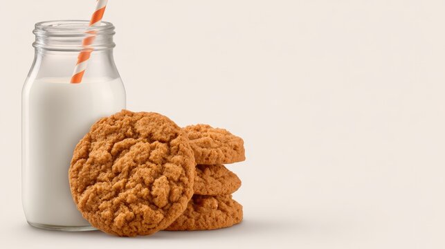 Minimalist milk bottle with striped straw and stacked sugar cookies