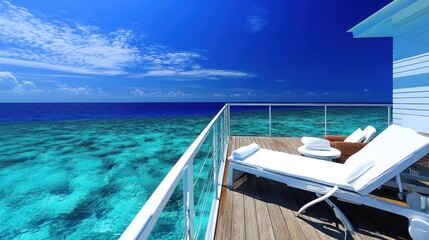 Obraz premium Balcony of a -star resort suite with ocean view, lounge chairs, and glass railings under clear blue skies