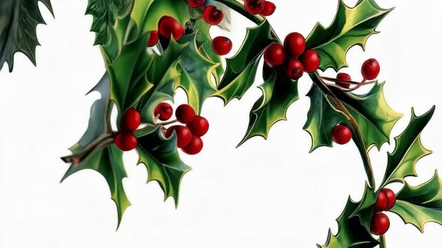 Vintage-style illustration of bright green holly leaves and vibrant red berries isolated on a clean white background.
