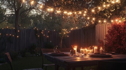 62.A warm, inviting backyard evening scene, featuring string lights delicately draped across wooden fences, casting a soft glow over a table set with candles and dinnerware.