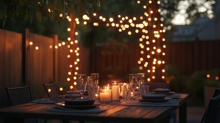 62.A warm, inviting backyard evening scene, featuring string lights delicately draped across wooden fences, casting a soft glow over a table set with candles and dinnerware.