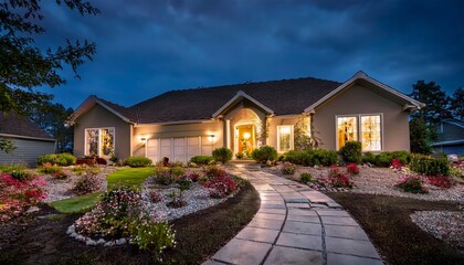 Elegant single family home with stone path and colorful flowers in serene setting, night with illuminated windows