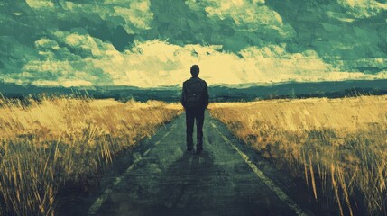 A solitary figure stands on an empty road under a vast. dramatic sky filled with clouds. symbolizing a journey of self-discovery and reflection in a serene landscape