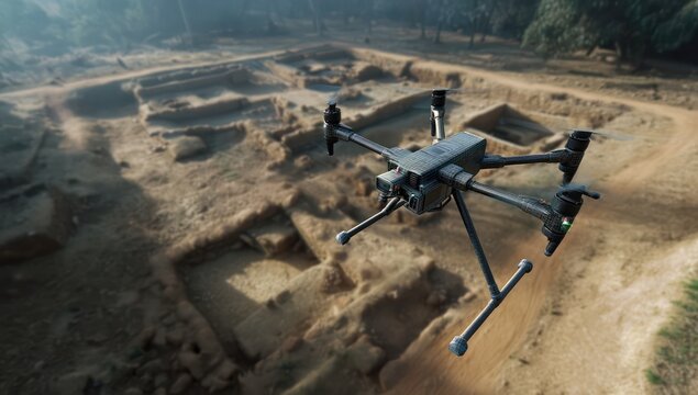 Digital mapping drone surveying an expansive archaeological site for detailed topographical analysis.