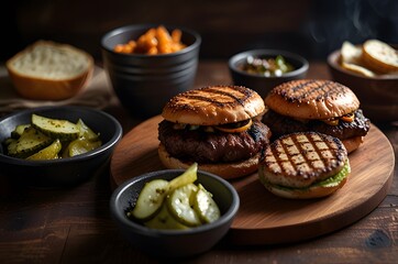 Burgers and Grilled Steak with Sides on a Dark Table

