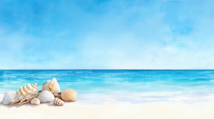 Serene beach scene featuring seashells on sand, with clear blue sky and calm ocean waves in background, evokes sense of tranquility