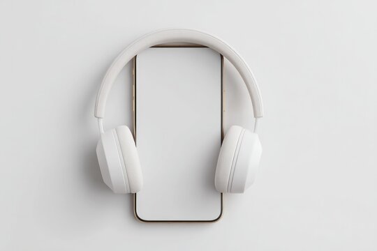 sleek smartphone connected to equally modern wireless headphones lies on minimalist desk setup - Powered by Adobe