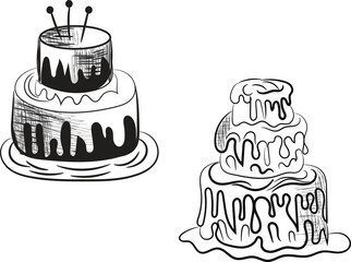 Two Delicious Hand Drawn Cakes with Melted Icing and Candles