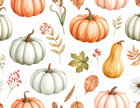 Beautiful autumn pumpkins in various colors, including orange, white, and yellow, surrounded by leaves and berries, create warm and inviting seasonal pattern