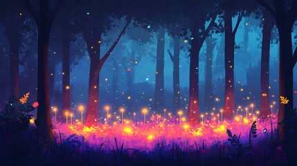Colorful fireflies in a dark forest at night