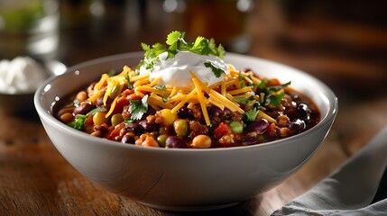 Fototapeta premium Bowl of Chili with Beans, Corn, and Toppings