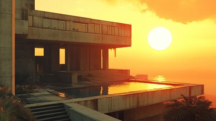 Sunset over a futuristic concrete building with a rooftop pool
