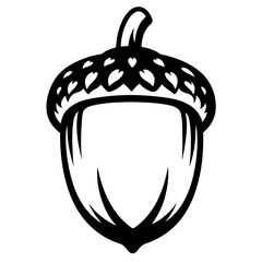 Monochrome vector graphic of an acorn with intricate cap design element