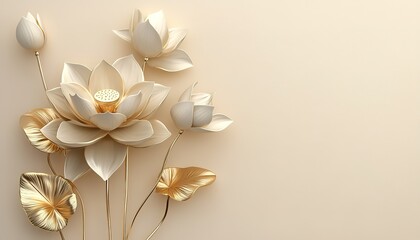 Elegant 3D Floral Featuring Golden lotus with Stucco Stems and Leaves