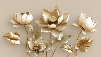 Elegant 3D Floral Featuring Golden lotus with Stucco Stems and Leaves
