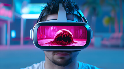 Man Wearing VR Headset Experiencing Immersive Horror Game Neon Cityscape Background